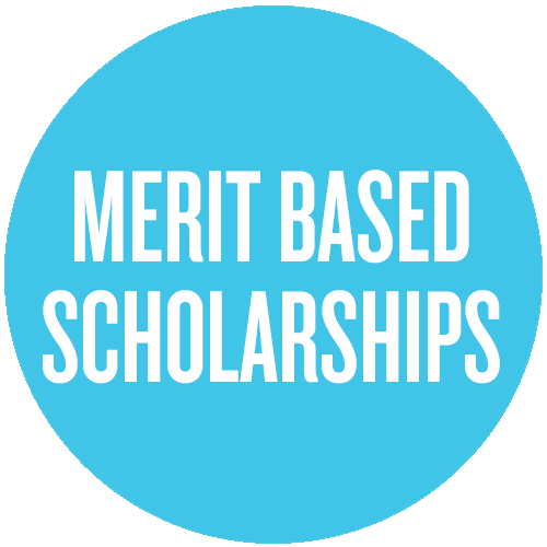 Blue circle with white text diplaying words merit based scholarships
