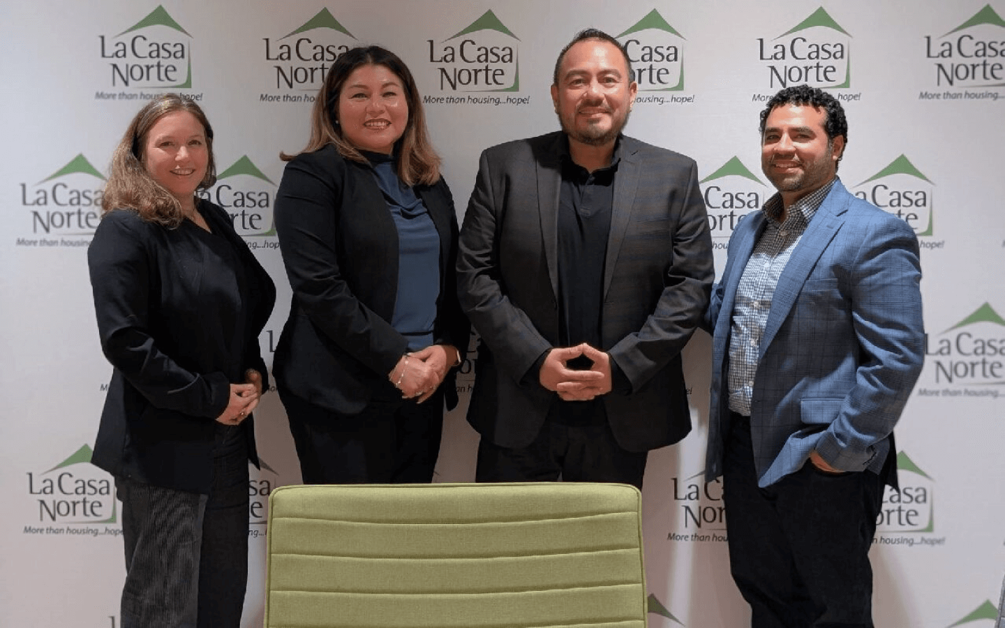 Host of the panel discussion, professor Laura Nussbaum-Barbarena, and panel members Jose M. Muñoz (CEO of La Casa Norte), Blanca Jara (Chief of Staff for Partnership for College Completion) and Juan Carlos Linares (President and CEO of Association House)