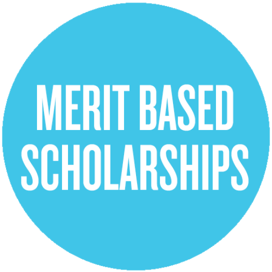 Blue circle with white text diplaying words merit based scholarships