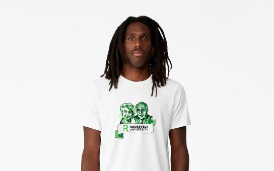 Student stands wearing a t-shirt with the Roosevelt logo and an artistic rendering of Franklin and Eleanor Roosevelt's faces